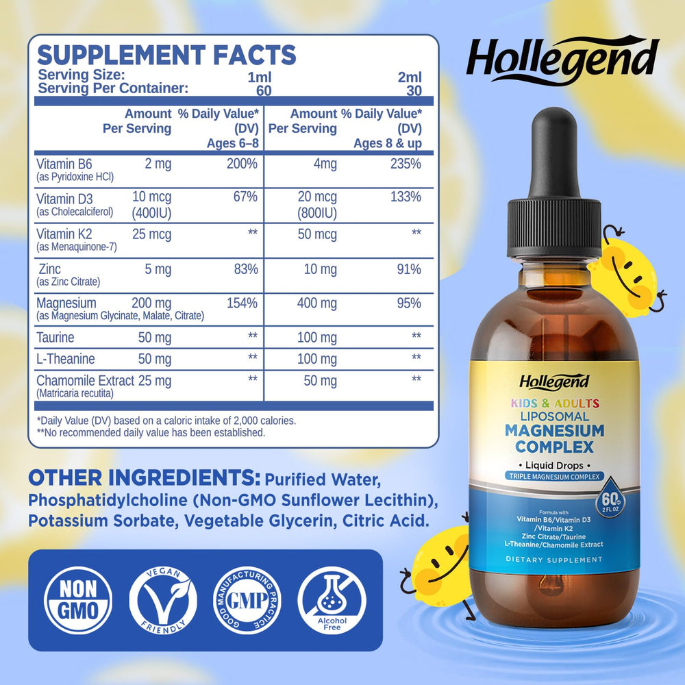 HOLLEGEND liposomal kids magnesium drops dropper shows precise kid dosing