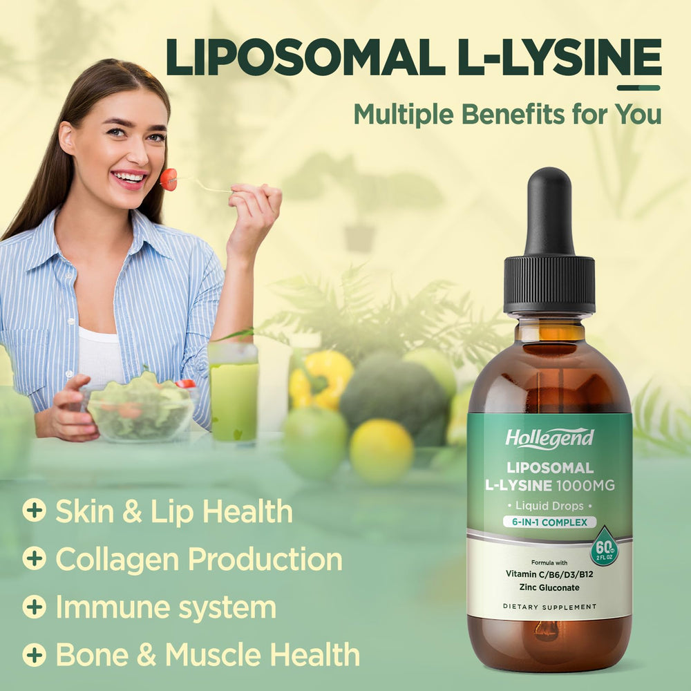 HOLLEGEND Lysine liquid formula with vitamins C, B6, D3, B12 and zinc for collagen support.