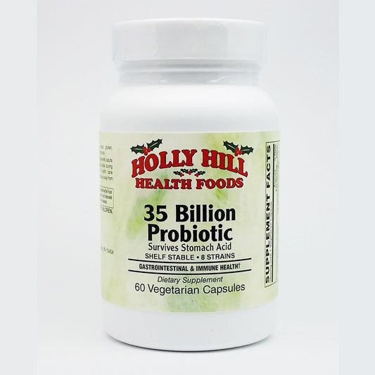 Holly Hill Health Foods 35B Probiotic bottle shows high potency for gut support.