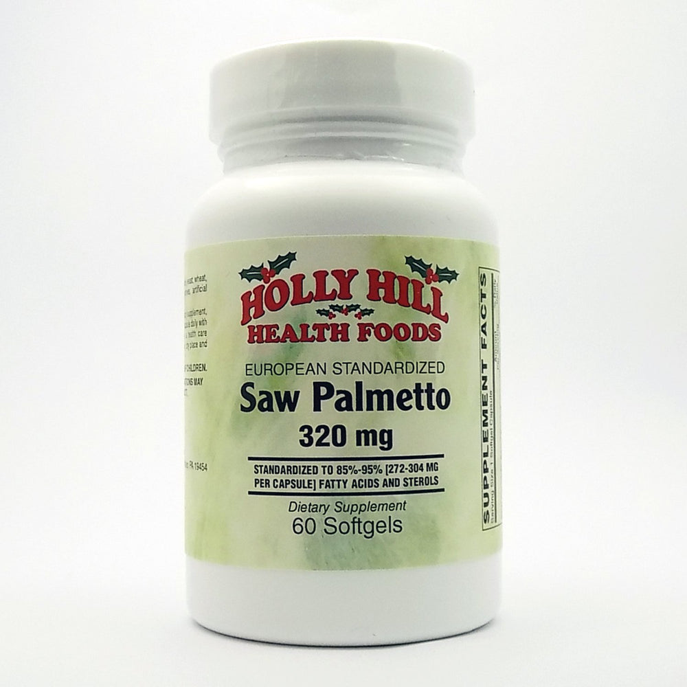 Holly Hill Health Foods European Standardized Saw Palmetto bottle pour may support healthy prostate function.