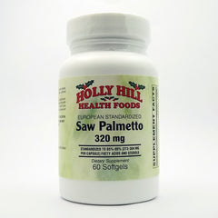 Holly Hill Health Foods European Standardized Saw Palmetto bottle pour may support healthy prostate function.