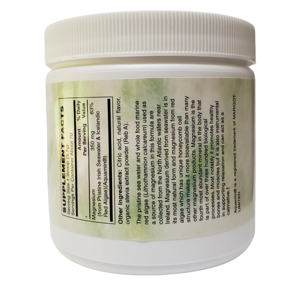 Holly Hill Health Foods magnesium powder effervescent mix dissolving in water for refreshing hydration.