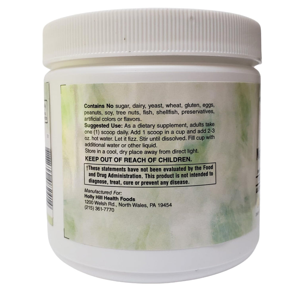 Holly Hill Health Foods magnesium powder glass with fizz highlights quick absorption during busy days.