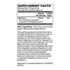 Holly Hill Health Foods magnesium powder packaging label emphasizes clean allergen-free formula.