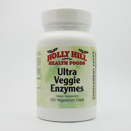 Holly Hill Ultra Veggie Enzymes bottle shows full-spectrum digestive support for meals.