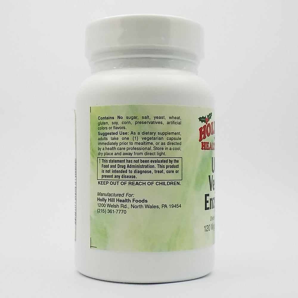 Holly Hill Ultra Veggie Enzymes label emphasizing vegetarian, acid-stable enzymes.