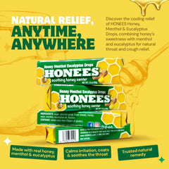Honees menthol drops closeup highlighting cooling relief.