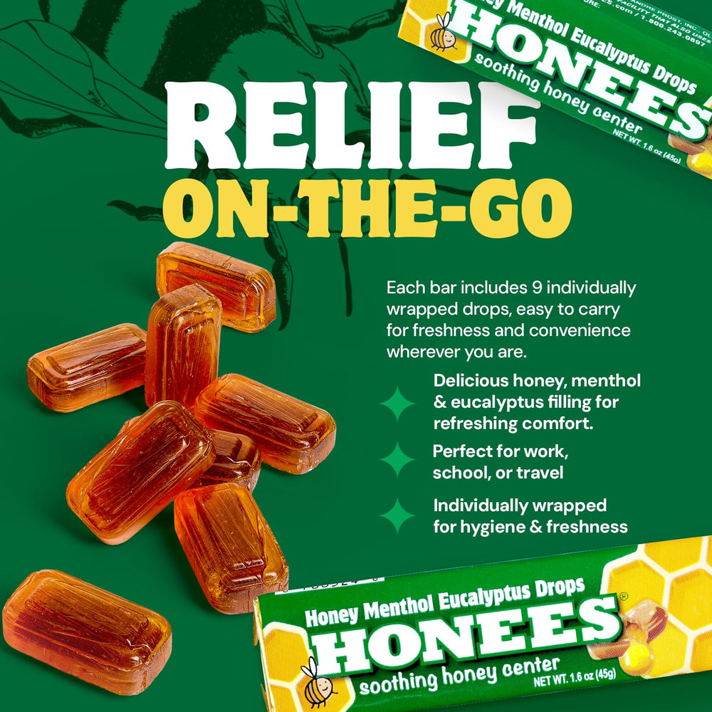 Honees honey-menthol drops showing natural ingredients and flavor.