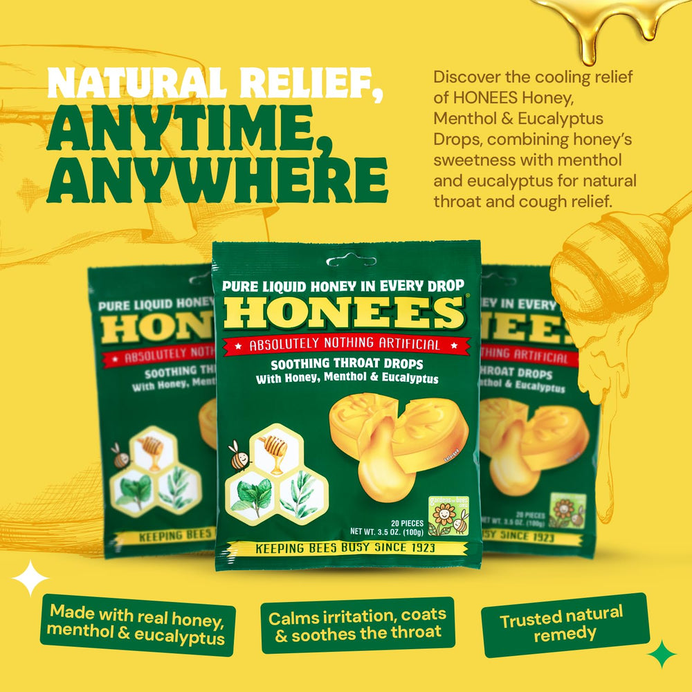 Honees honey menthol drops pack for natural, on-the-go relief