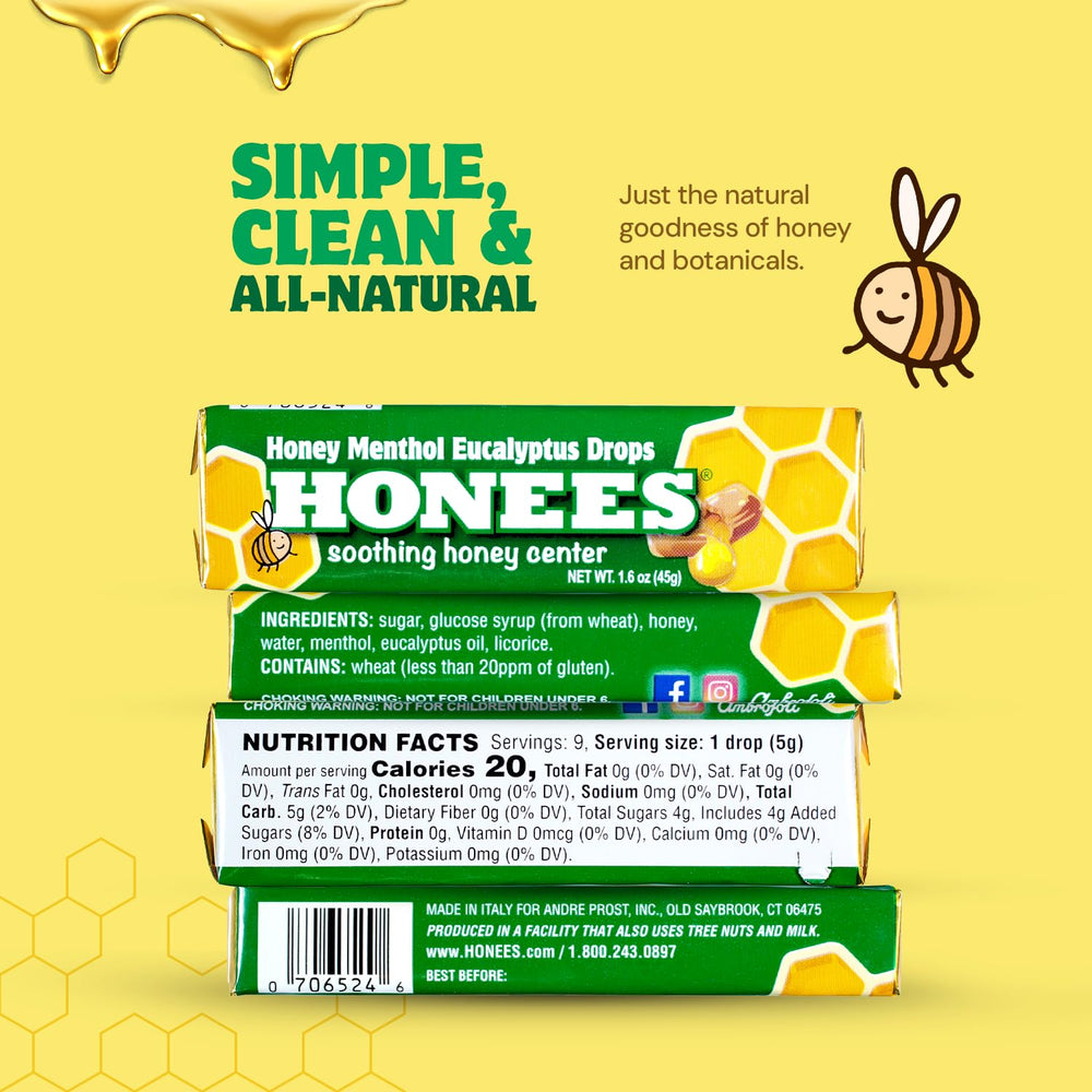 Honees packaging displaying menthol-eucalyptus formula and simple ingredients.