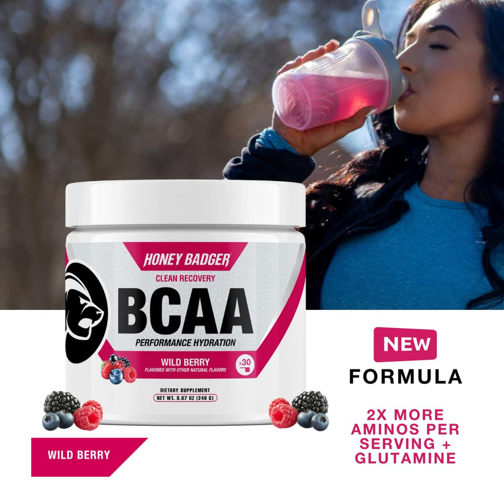 Honey Badger BCAA EAA powder being mixed with water for fast hydration.