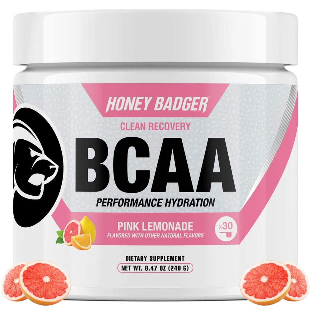 Honey Badger BCAA + EAA pink lemonade powder tub supports clean post-workout recovery.