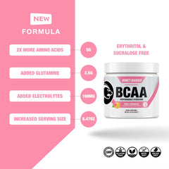 Honey Badger BCAA + EAA scoop closeup highlighting clean ingredients.