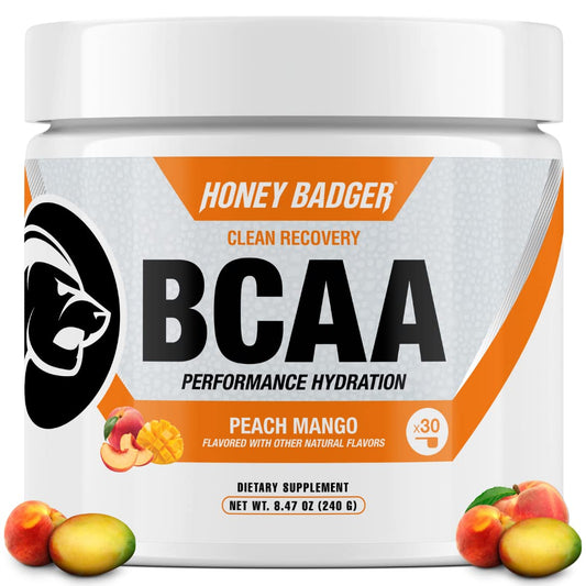 Honey Badger BCAA + EAA powder tub in Peach Mango for vegan recovery.
