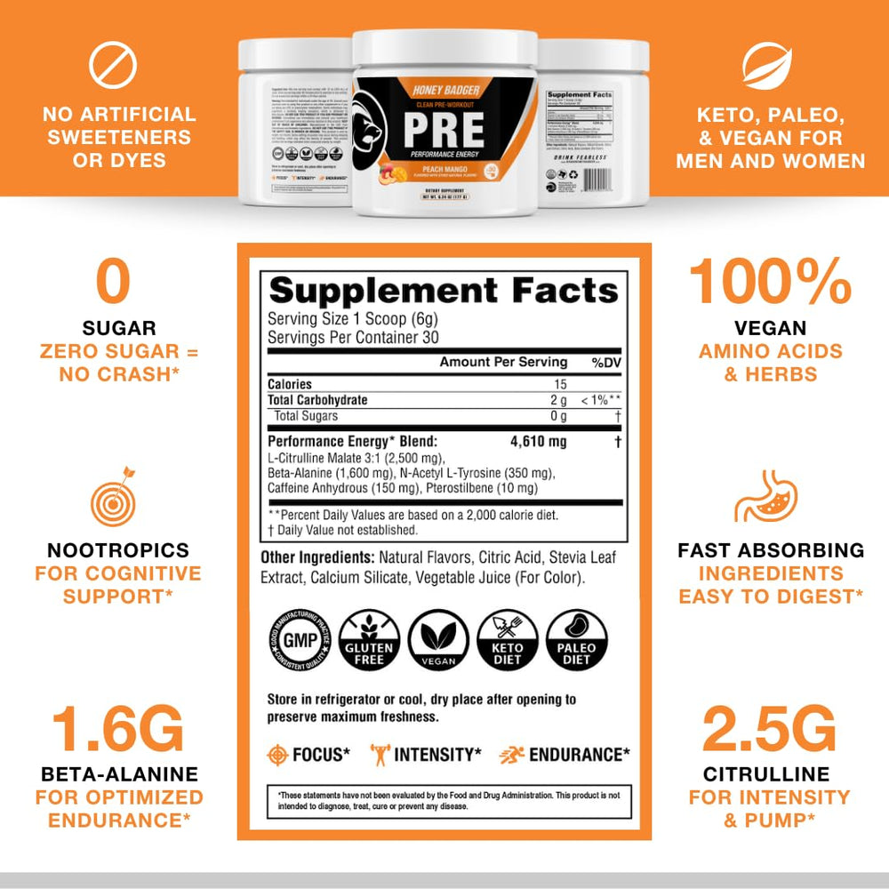 Honey Badger vegan keto energy boost highlights sugar-free performance support.