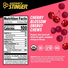 Close-up texture of Honey Stinger Cherry Blossom chews showing juicy cherry flavor.