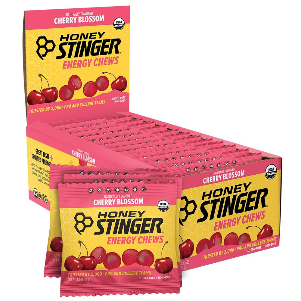 Honey Stinger Organic Cherry Blossom chews in packaging, gluten-free energy option for workouts.