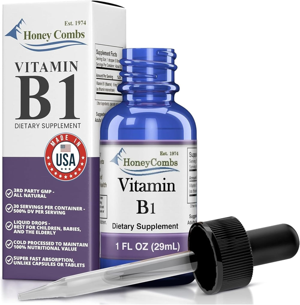 HoneyCombs B1 thiamine liquid drops bottle close-up for steady energy support