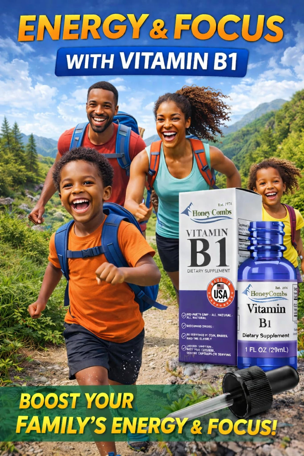 HoneyCombs B1 thiamine liquid drops label view showing clean vegan formula