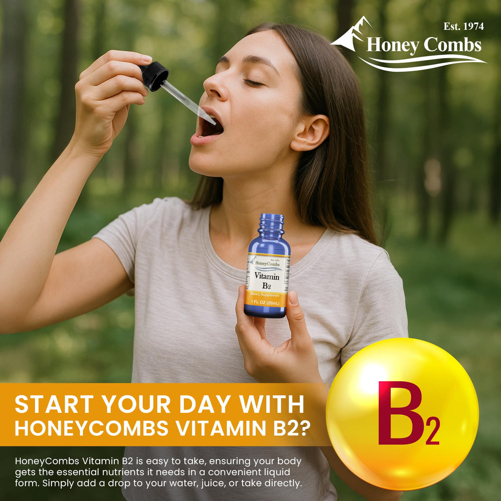 HoneyCombs B2 Drops glass bottle label emphasizing vegan, alcohol-free tincture