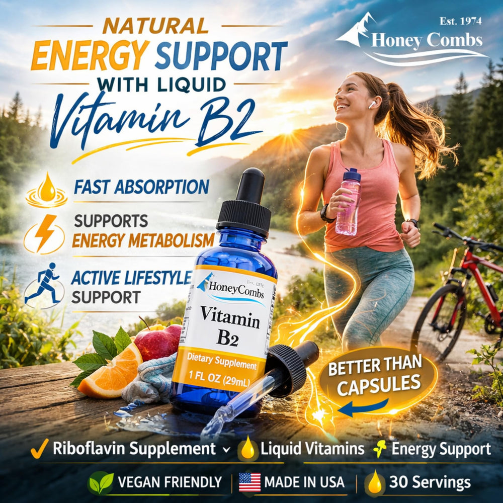 HoneyCombs Liquid Vitamin B2 Drops poured into glass for easy daily dosing.