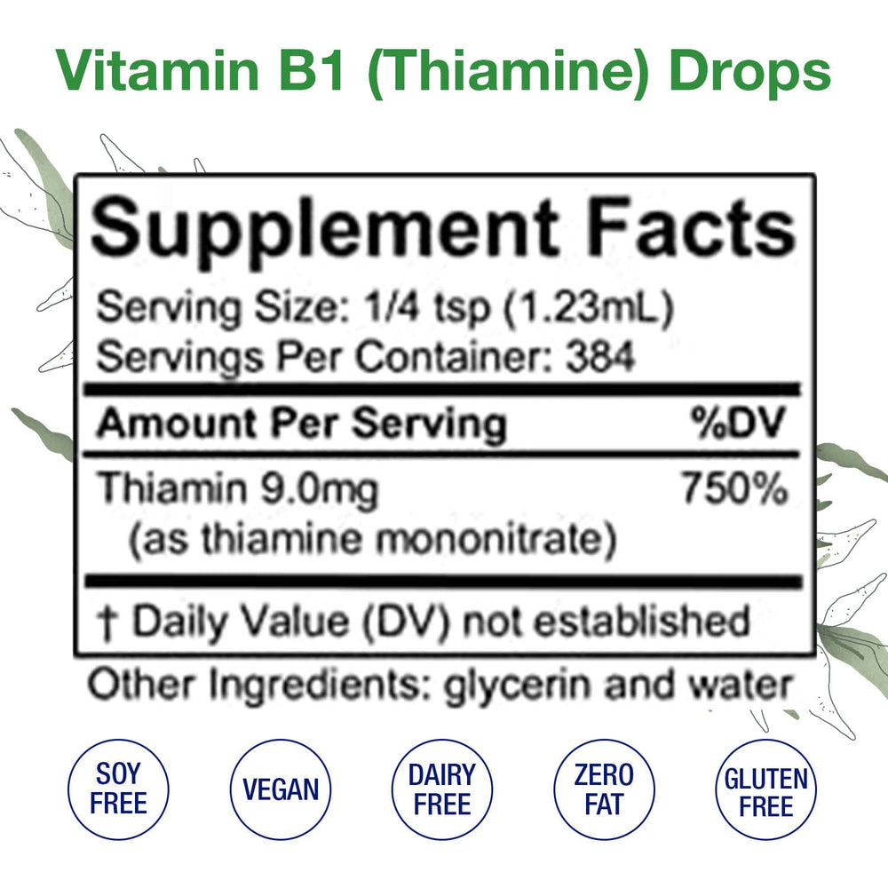 HoneyCombs Vitamin B1 liquid drops label indicates vegan, alcohol-free formula.