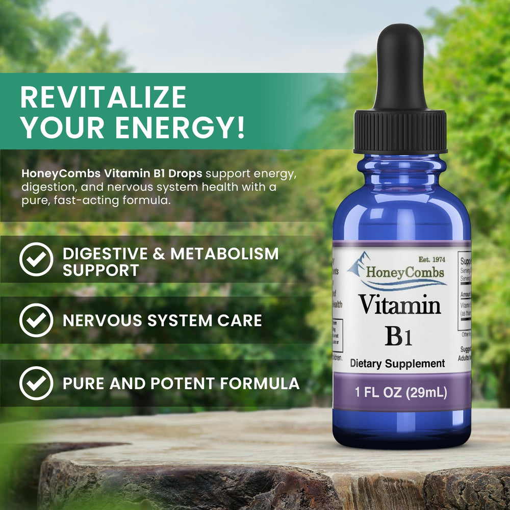 HoneyCombs Vitamin B1 drops pour shows quick absorption for daily use.