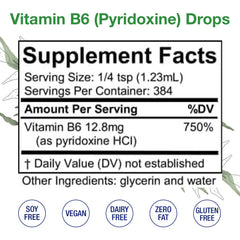 Close-up of HoneyCombs Vitamin B6 Drops label highlighting purity and alcohol-free formulation.