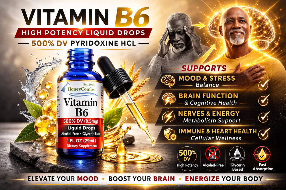 HoneyCombs Vitamin B6 Drops serving image highlights 36 servings per bottle.