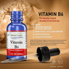 HoneyCombs Vitamin B6 Drops vegan-friendly symbol emphasizes plant-based formula.