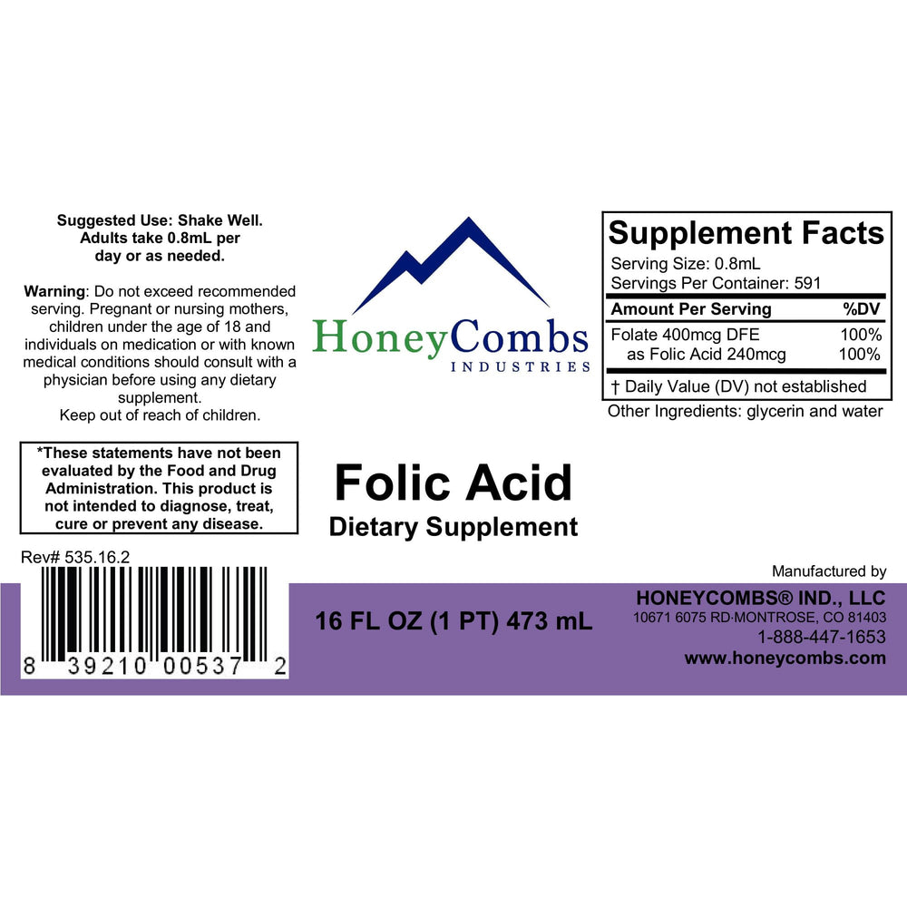 HoneyCombs Vitamin B9 liquid drops label closeup highlighting vegan formula.