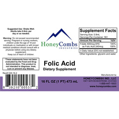 HoneyCombs Vitamin B9 liquid drops label closeup highlighting vegan formula.