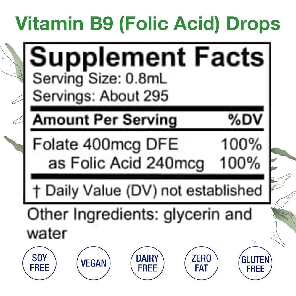 HoneyCombs Vitamin B9 liquid drops pouring into a glass for easy daily dosing.