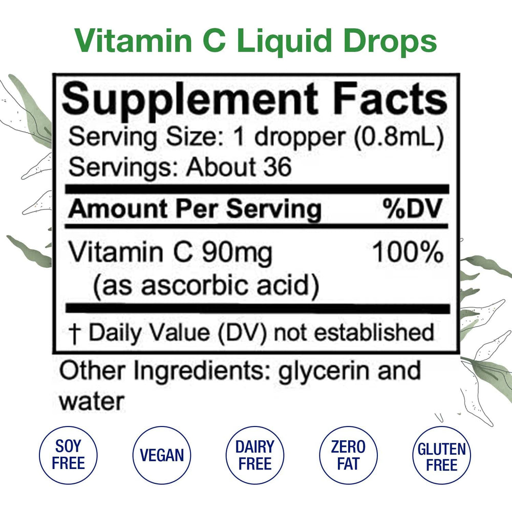 Close-up of HoneyCombs Vitamin C Liquid label, vegan and non-GMO formula.