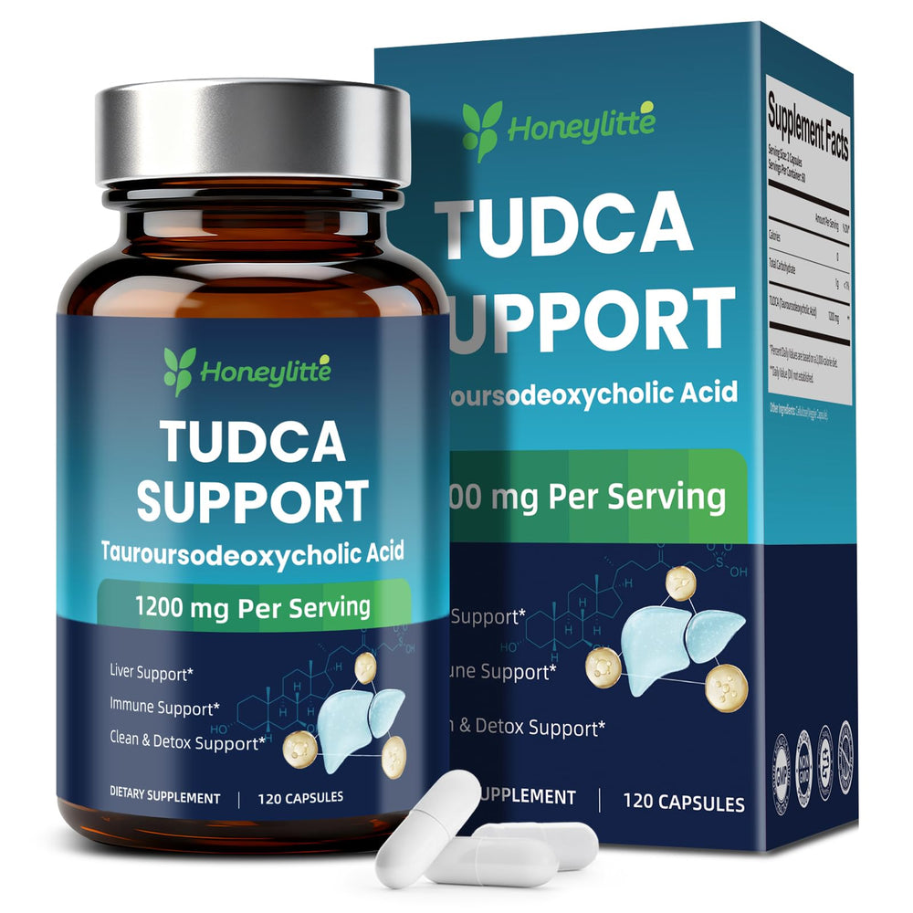 Honeylitte Tudca 1200mg bottle shows potency and clean label for digestive balance