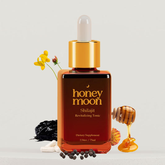 HONEY MOON Shilajit Drops bottle pour showing honey-infused energy support.