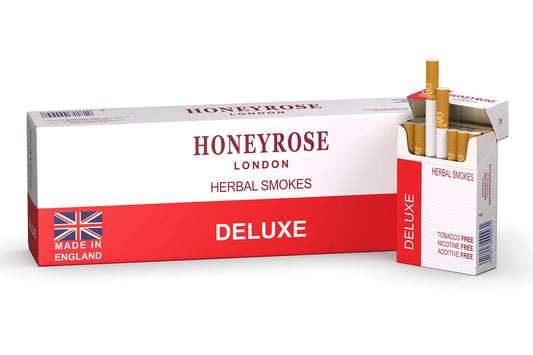 Honeyrose Deluxe carton front, a nicotine-free herbal alternative in an elegant box.