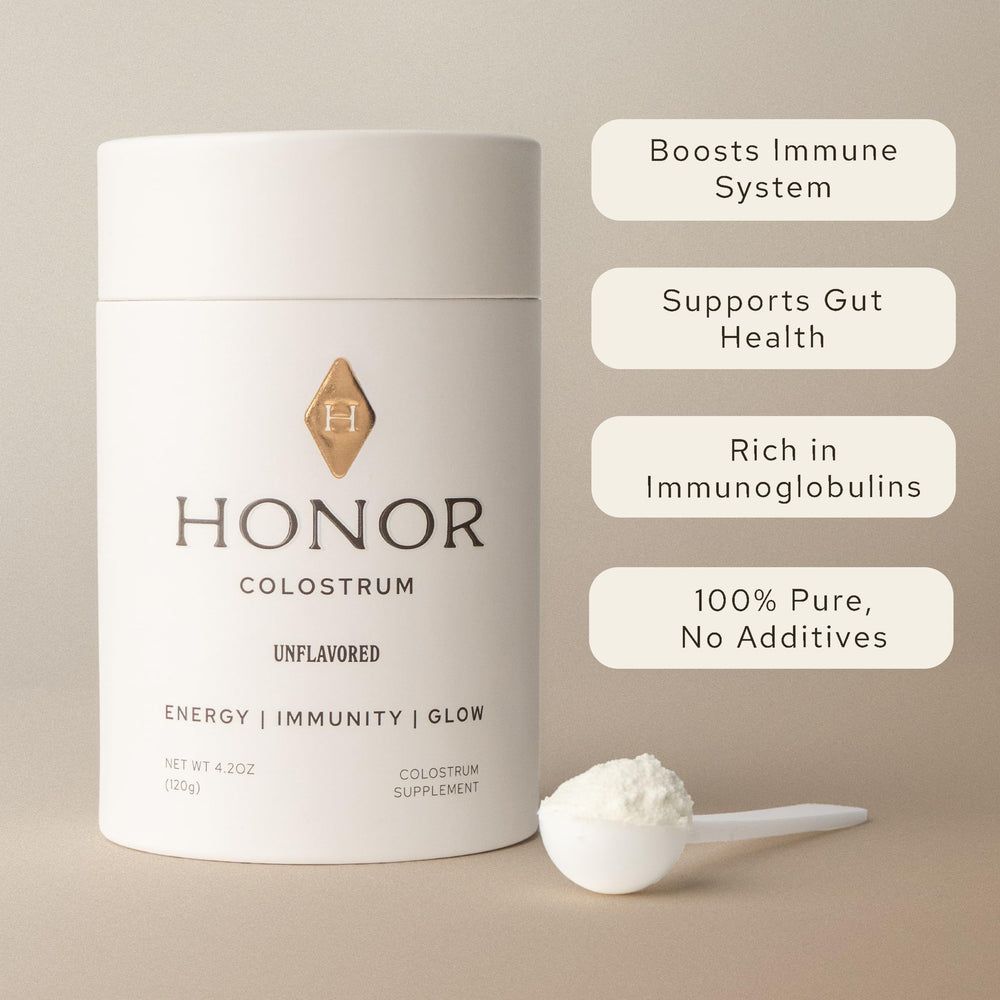 HONOR colostrum powder on kitchen counter, simple addition to modern wellness routine.
