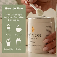 HONOR Supplements colostrum powder in a smoothie, versatile daily use for wellness routines.