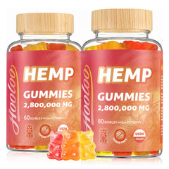 HOOLOO hemp gummies bottle front showing extra-strength formula for focus.