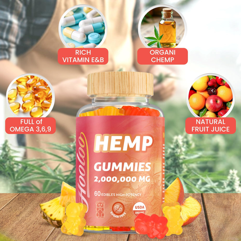 HOOLOO hemp gummies closeup, vibrant bites for daily balance.