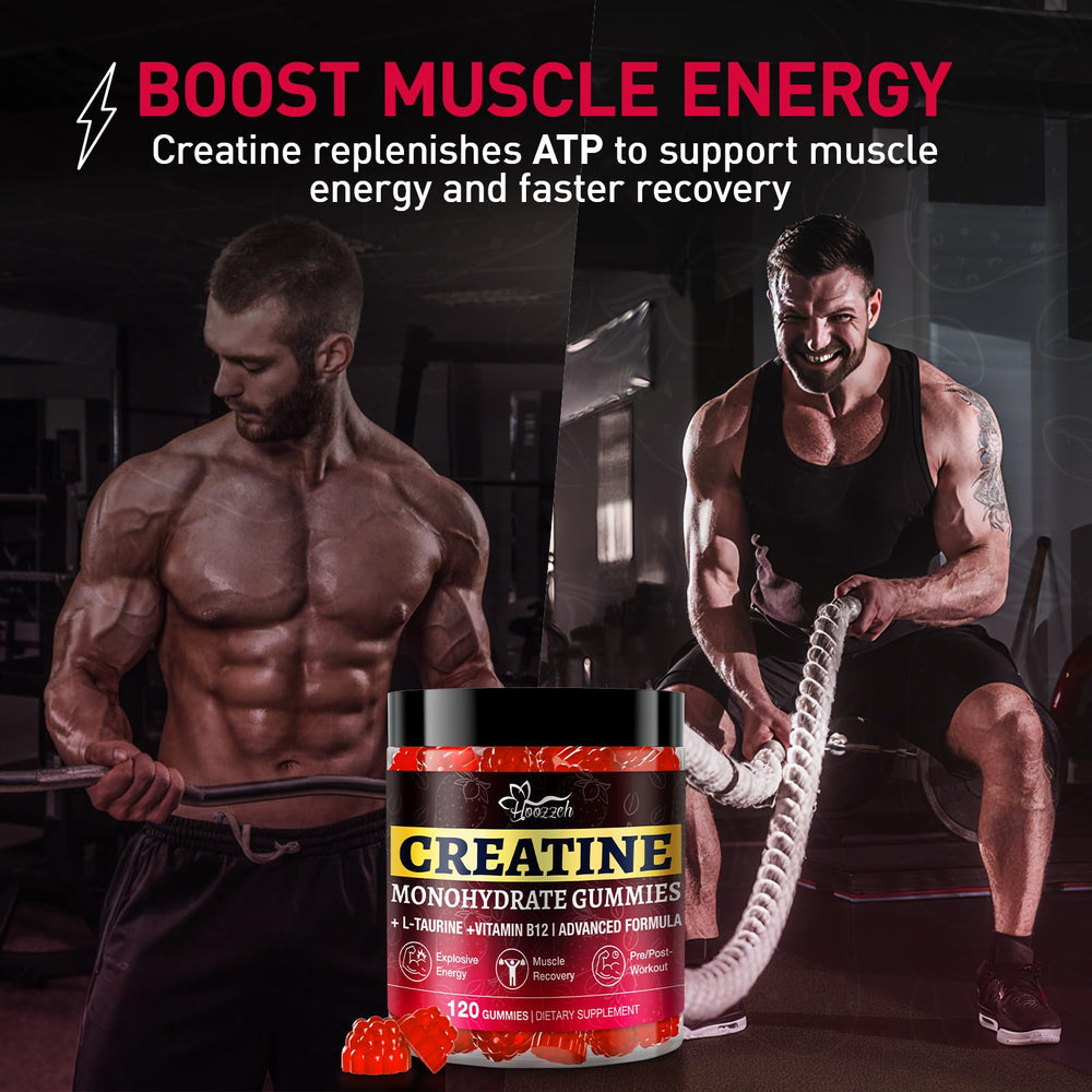 Hoozzch Creatine Gummies close-up reveals soft, fruity chews for easy intake.