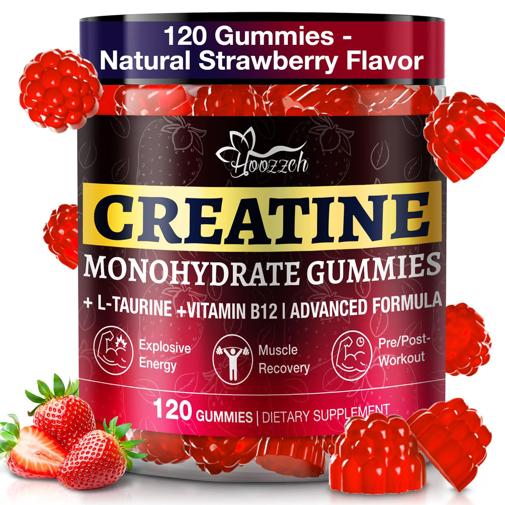 Hoozzch Creatine Gummies strawberry bottle front for easy daily fitness support.