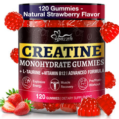 Hoozzch Creatine Gummies strawberry bottle front for easy daily fitness support.