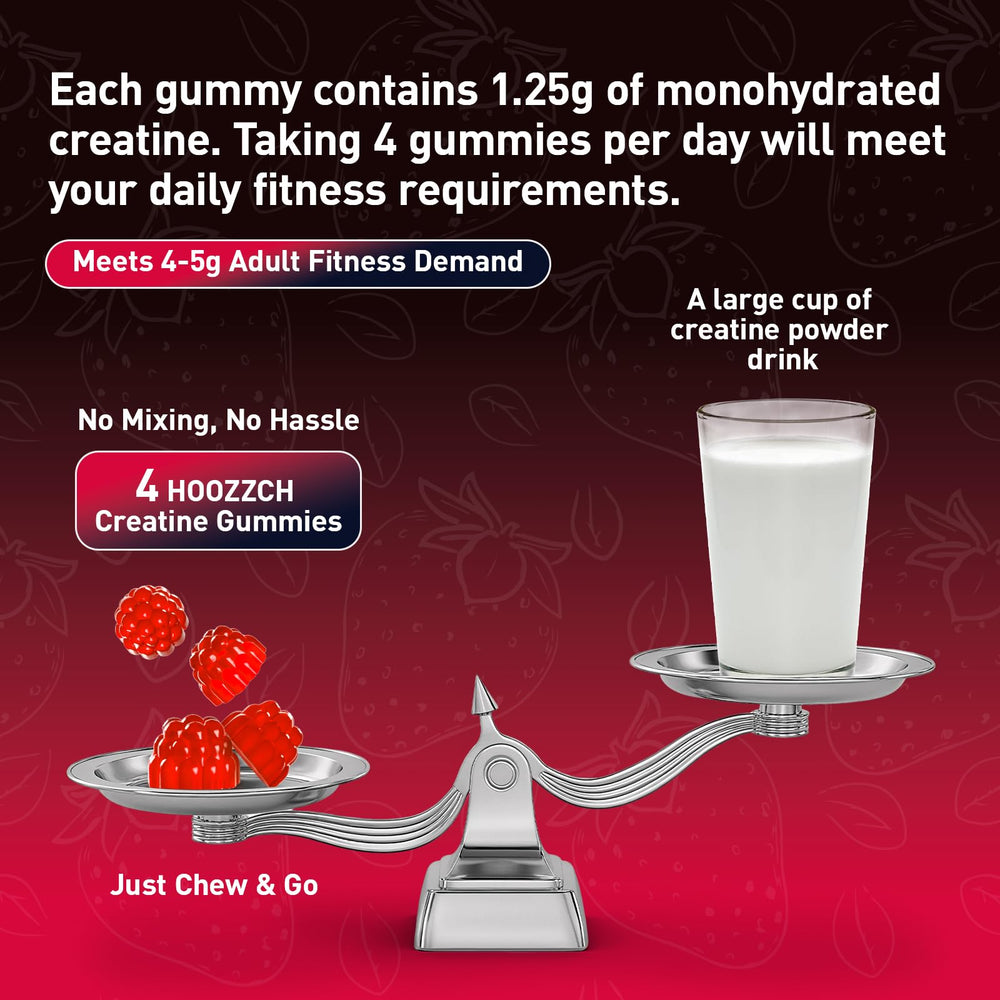 Hoozzch Creatine Gummies strawberry flavor serving idea inviting tasty supplementation.