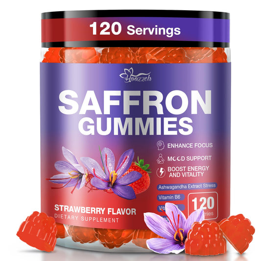 Hoozzch saffron gummies bottle front view promoting mood and focus