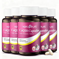 HOPE LIFE CoQ10 bottle with 300 capsules for daily use.