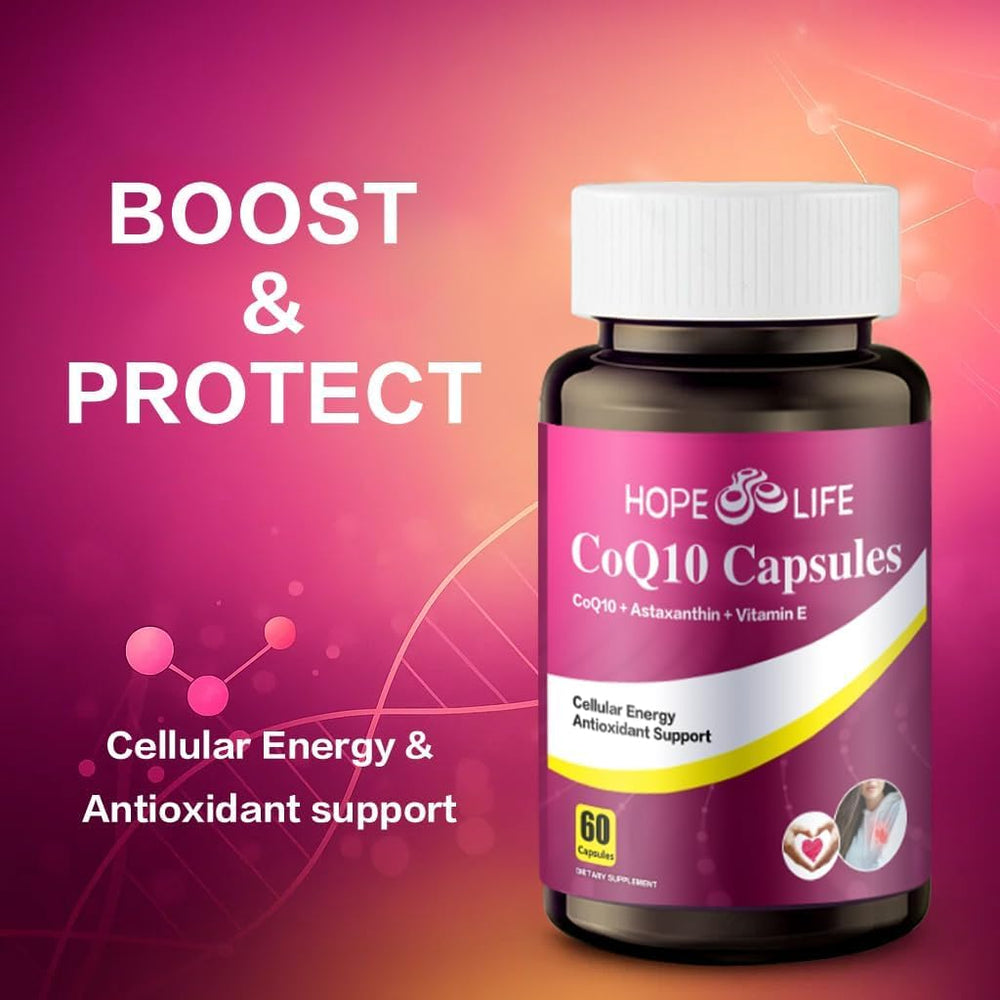 HOPE LIFE CoQ10 capsules close-up showing easy-to-swallow design.
