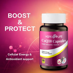 HOPE LIFE CoQ10 capsules close-up showing easy-to-swallow design.