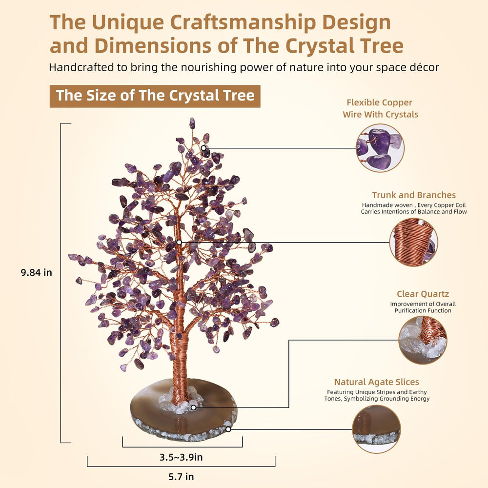 Dense cluster of 399 amethyst beads, Hopeseed tree, enhances calming ambiance.